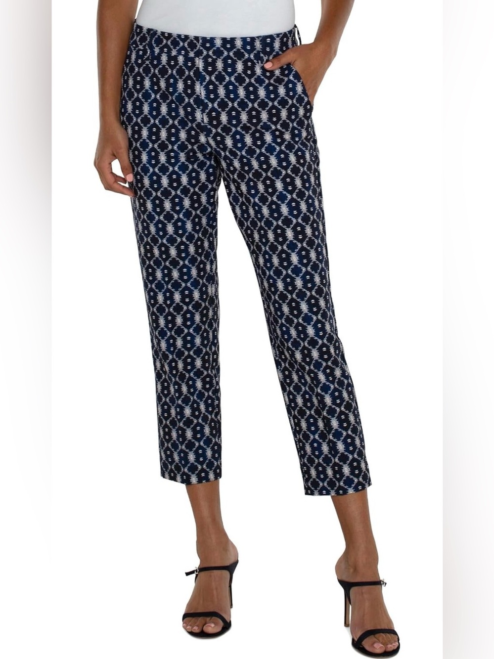 Liverpool Women’s Kelsey Trousers Navy Batik Crop Ankle Stretch Pants Size 14/32